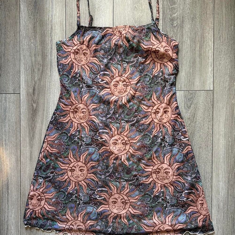 Y2K Celestial Sun and Moon Print Mini Dress with repeating sun and moon faces